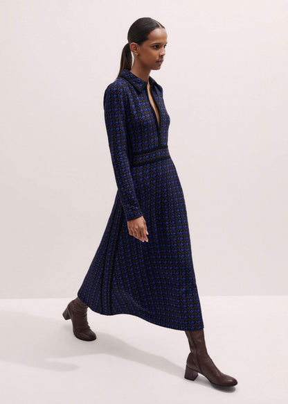 ME+EM Clothing Navy Houndstooth Jacquard Ponte Zip Neck Maxi Dress