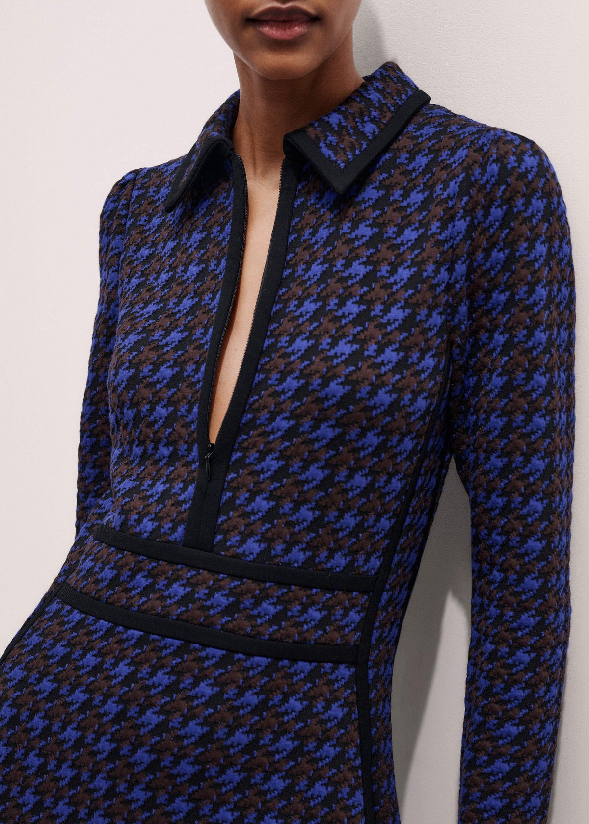 ME+EM Clothing Navy Houndstooth Jacquard Ponte Zip Neck Maxi Dress
