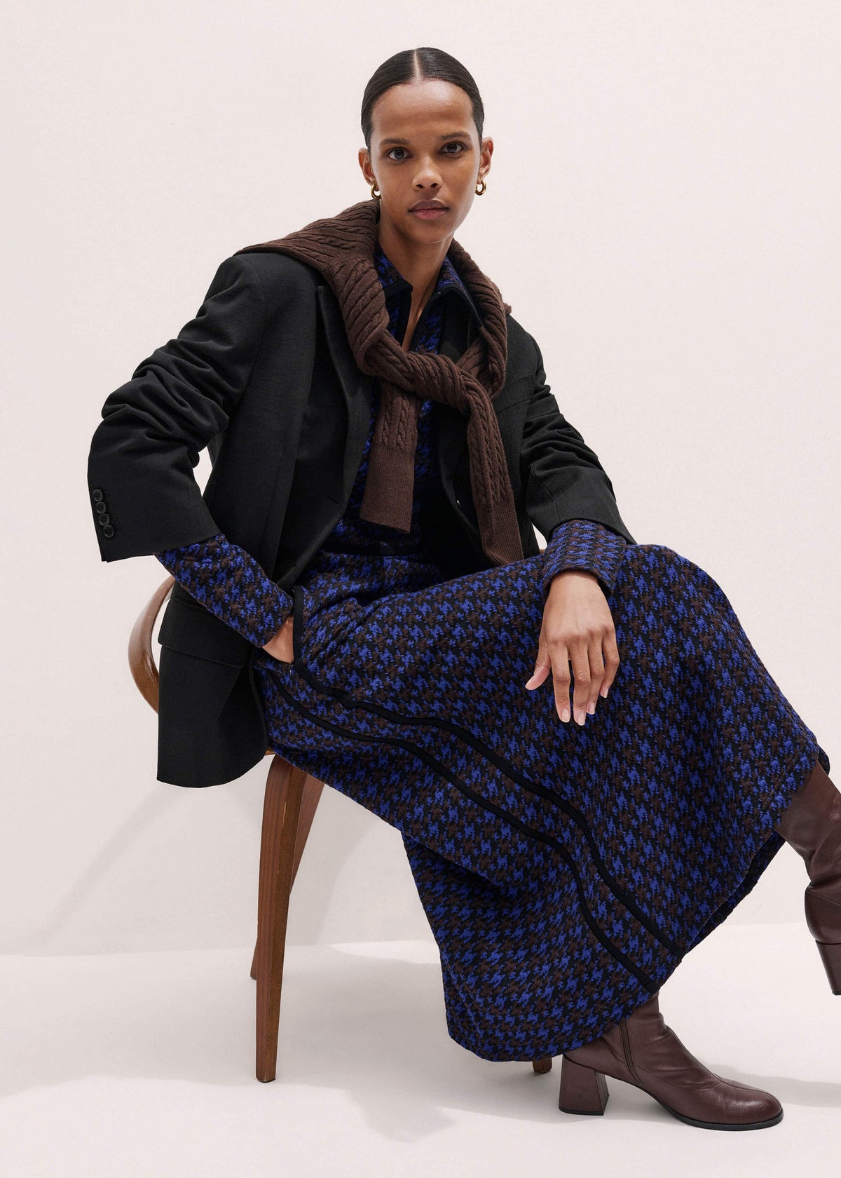 ME+EM Clothing Navy Houndstooth Jacquard Ponte Zip Neck Maxi Dress