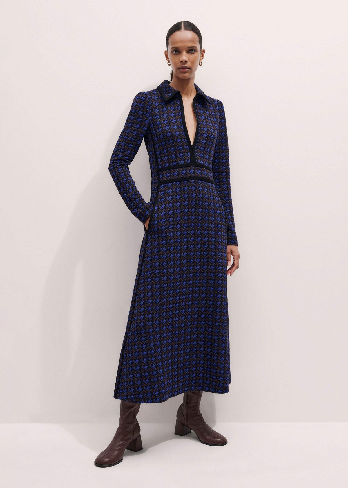 ME+EM Clothing Navy Houndstooth Jacquard Ponte Zip Neck Maxi Dress