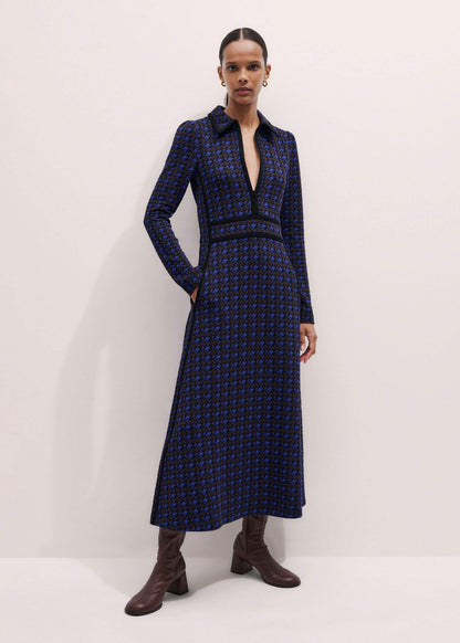 ME+EM Clothing Navy Houndstooth Jacquard Ponte Zip Neck Maxi Dress