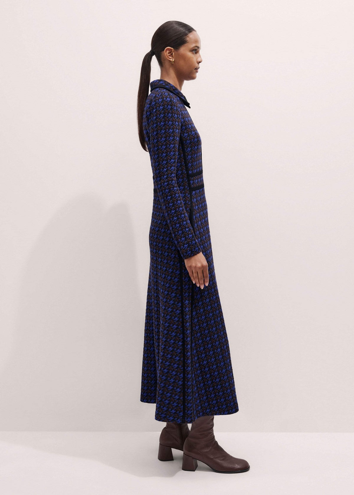 ME+EM Clothing Navy Houndstooth Jacquard Ponte Zip Neck Maxi Dress