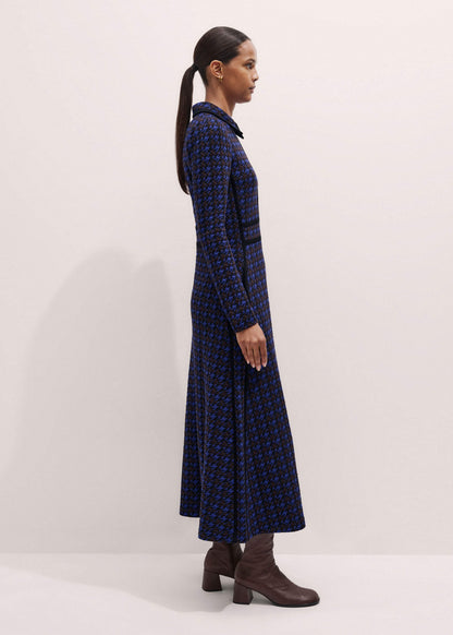 ME+EM Clothing Navy Houndstooth Jacquard Ponte Zip Neck Maxi Dress