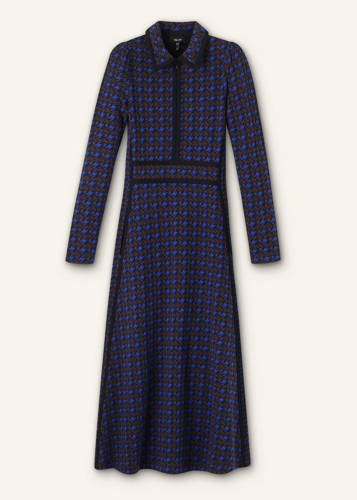 ME+EM Clothing Navy Houndstooth Jacquard Ponte Zip Neck Maxi Dress