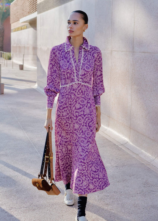 ME+EM Clothing Purple Entangled Lace Print Fit + Flare Maxi Dress