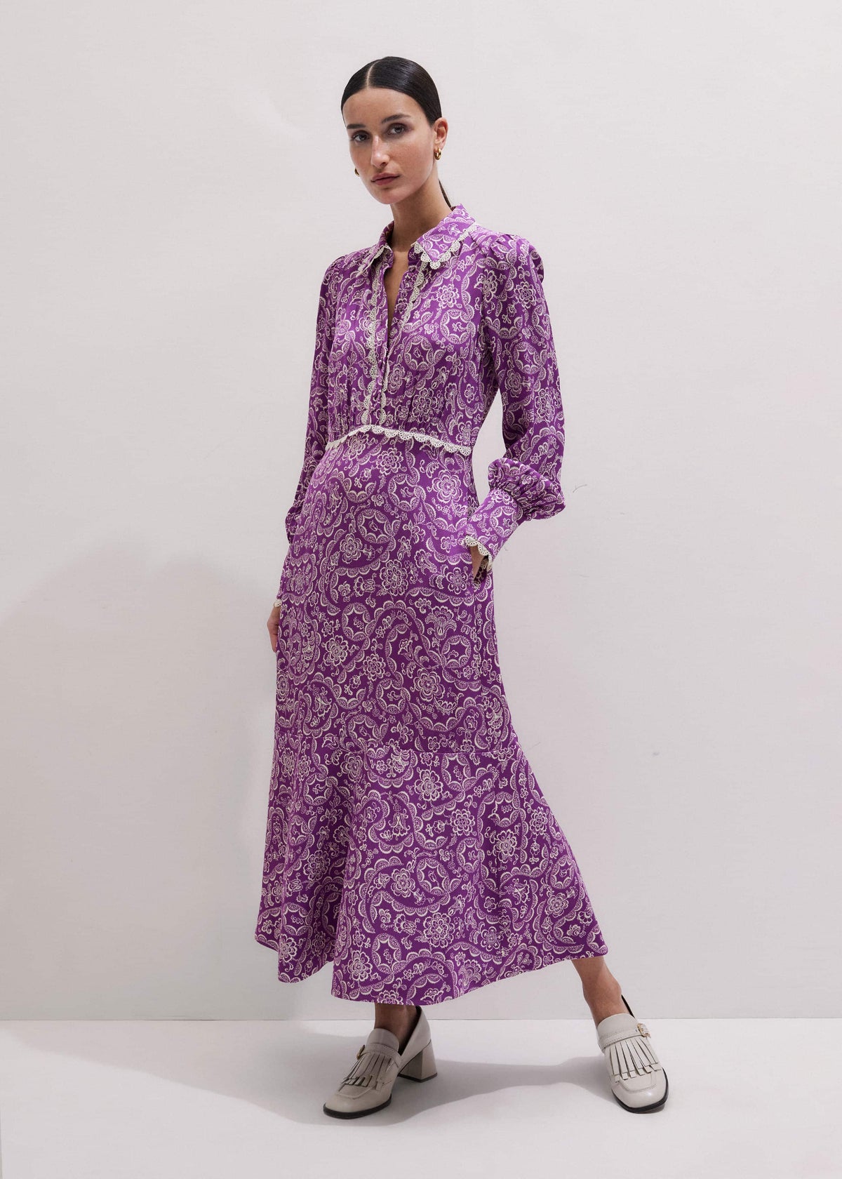 ME+EM Clothing Purple Entangled Lace Print Fit + Flare Maxi Dress