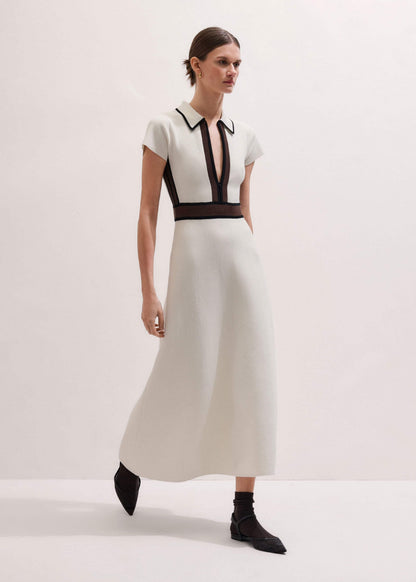 ME+EM Clothing Cream Milano Knit Collared Fit + Flare Maxi Dress