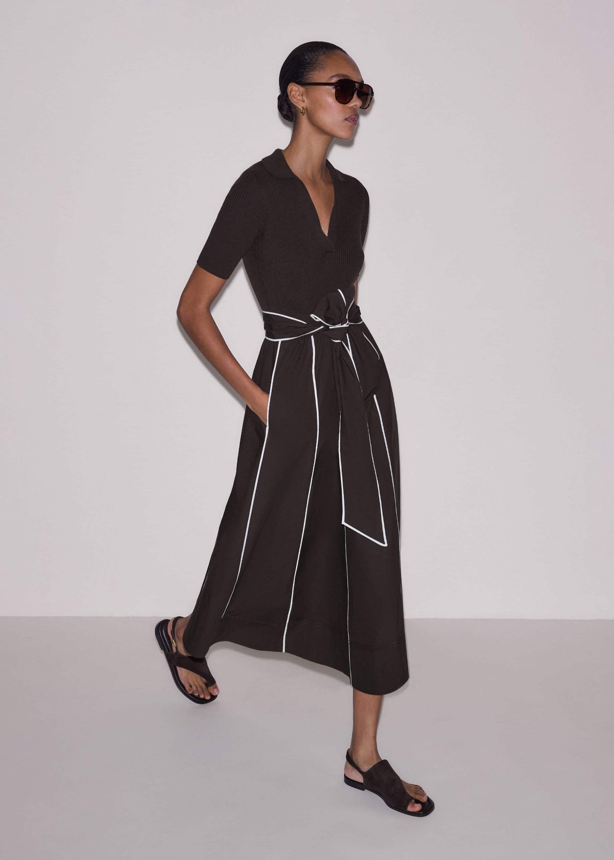 ME+EM Clothing Brown Mixed Media Fit And Flare Midi Dress + Belt