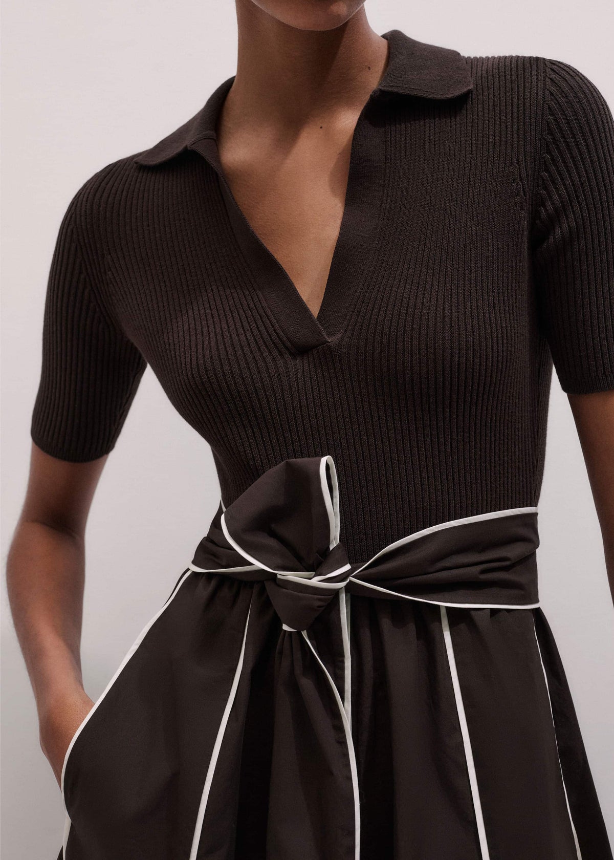 ME+EM Clothing Brown Mixed Media Fit And Flare Midi Dress + Belt