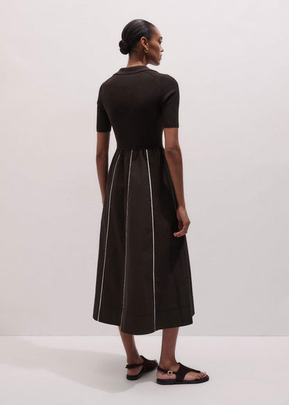 ME+EM Clothing Brown Mixed Media Fit And Flare Midi Dress + Belt
