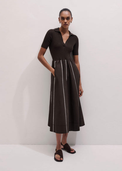 ME+EM Clothing Brown Mixed Media Fit And Flare Midi Dress + Belt