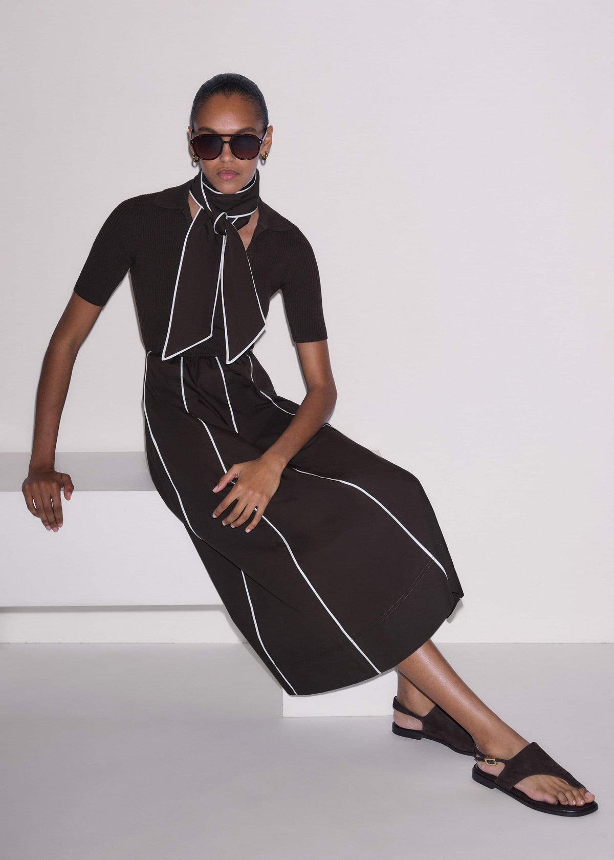 ME+EM Clothing Brown Mixed Media Fit And Flare Midi Dress + Belt