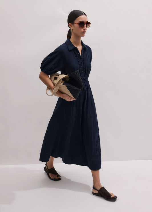ME+EM Clothing Navy Cheesecloth Intricate Detail Fit + Flare Midi Dress
