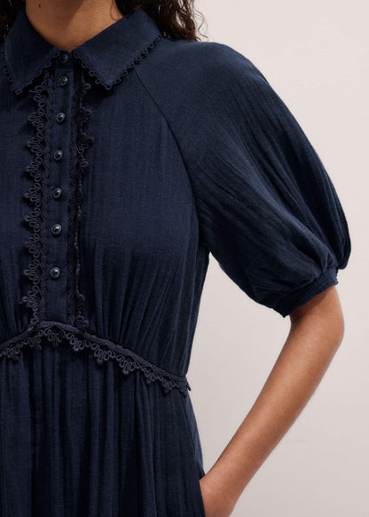ME+EM Clothing Navy Cheesecloth Intricate Detail Fit + Flare Midi Dress