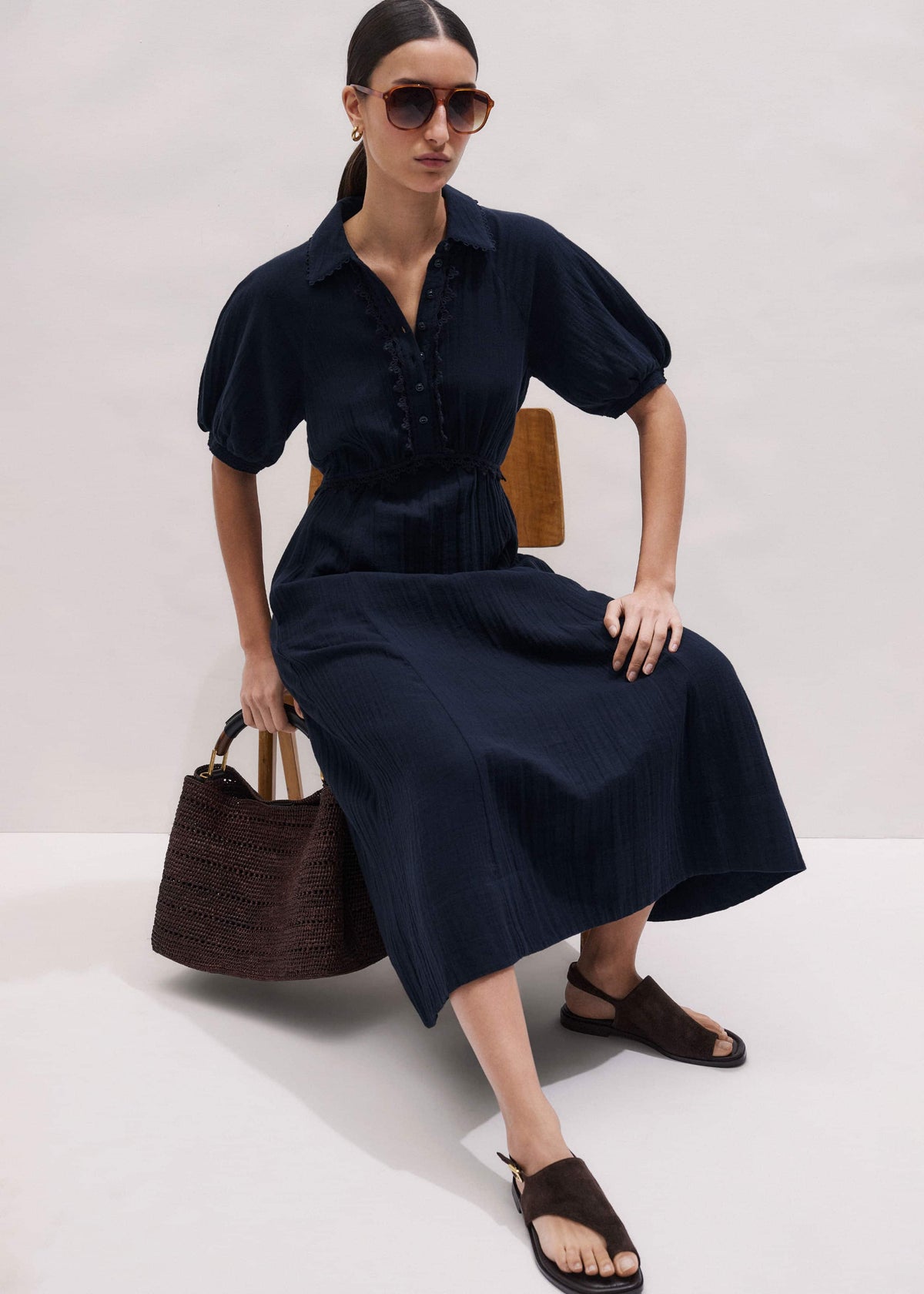 ME+EM Clothing Navy Cheesecloth Intricate Detail Fit + Flare Midi Dress