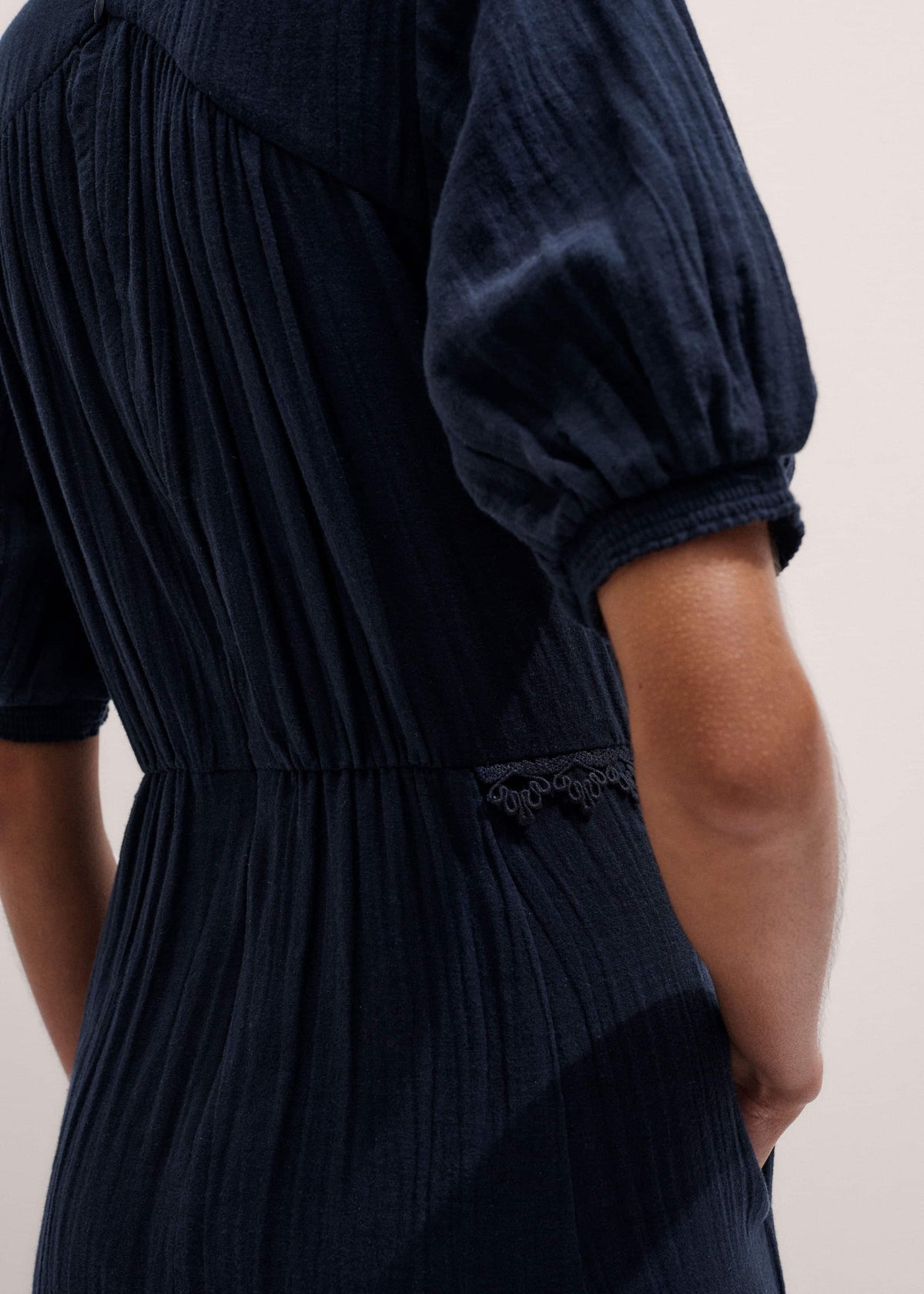 ME+EM Clothing Navy Cheesecloth Intricate Detail Fit + Flare Midi Dress