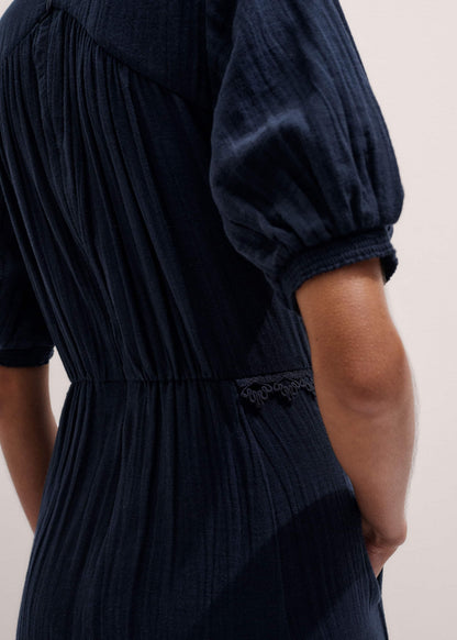 ME+EM Clothing Navy Cheesecloth Intricate Detail Fit + Flare Midi Dress
