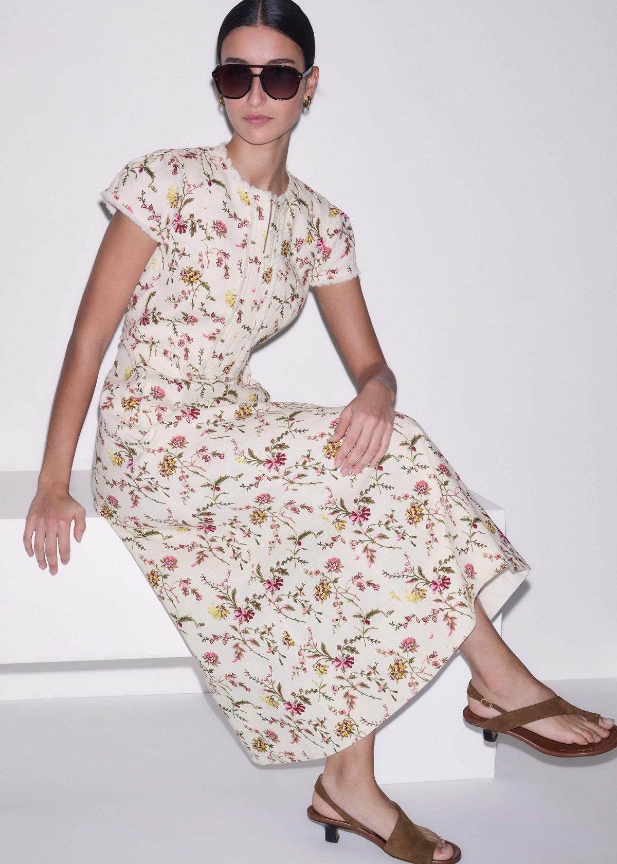 ME+EM Clothing Cream Wild Spring Floral Print Fit + Flare Midi Dress