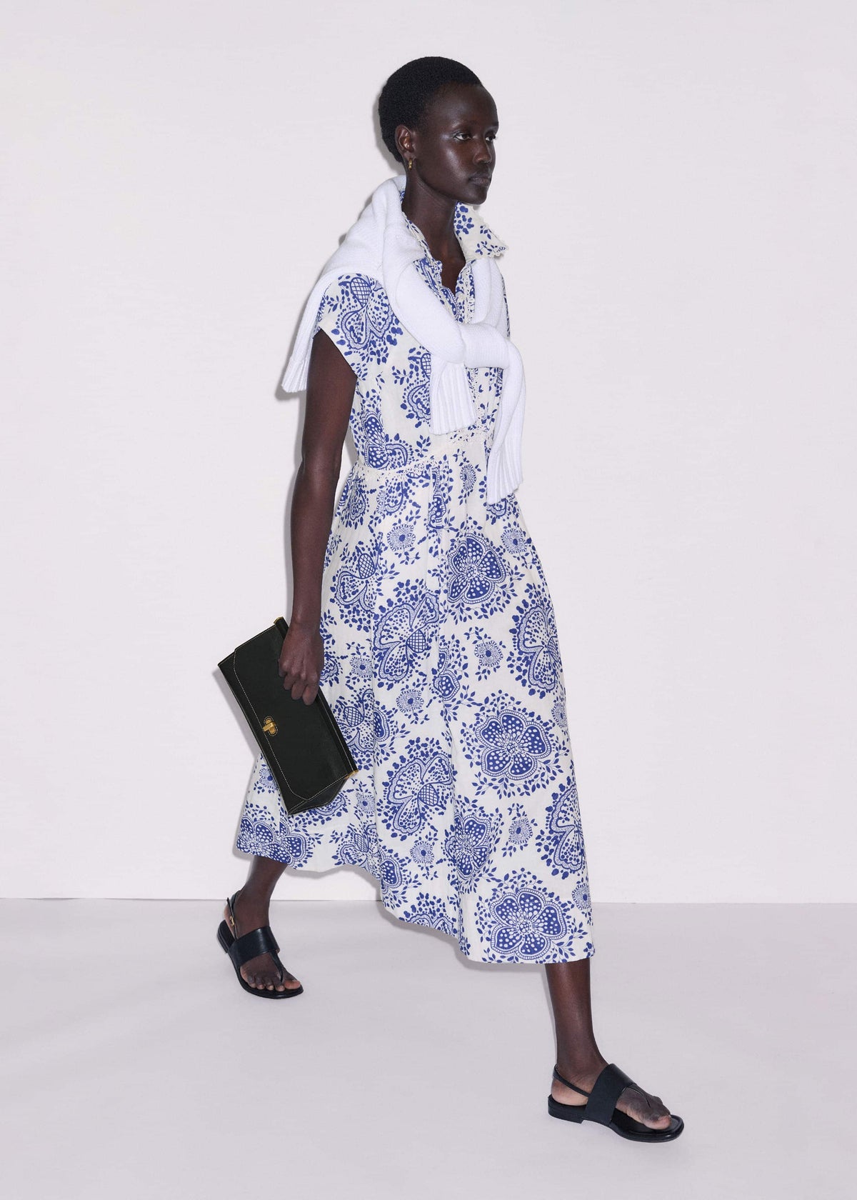 ME+EM Clothing White Cheesecloth Fit + Flare In-Full-Bloom Print Midi Dress
