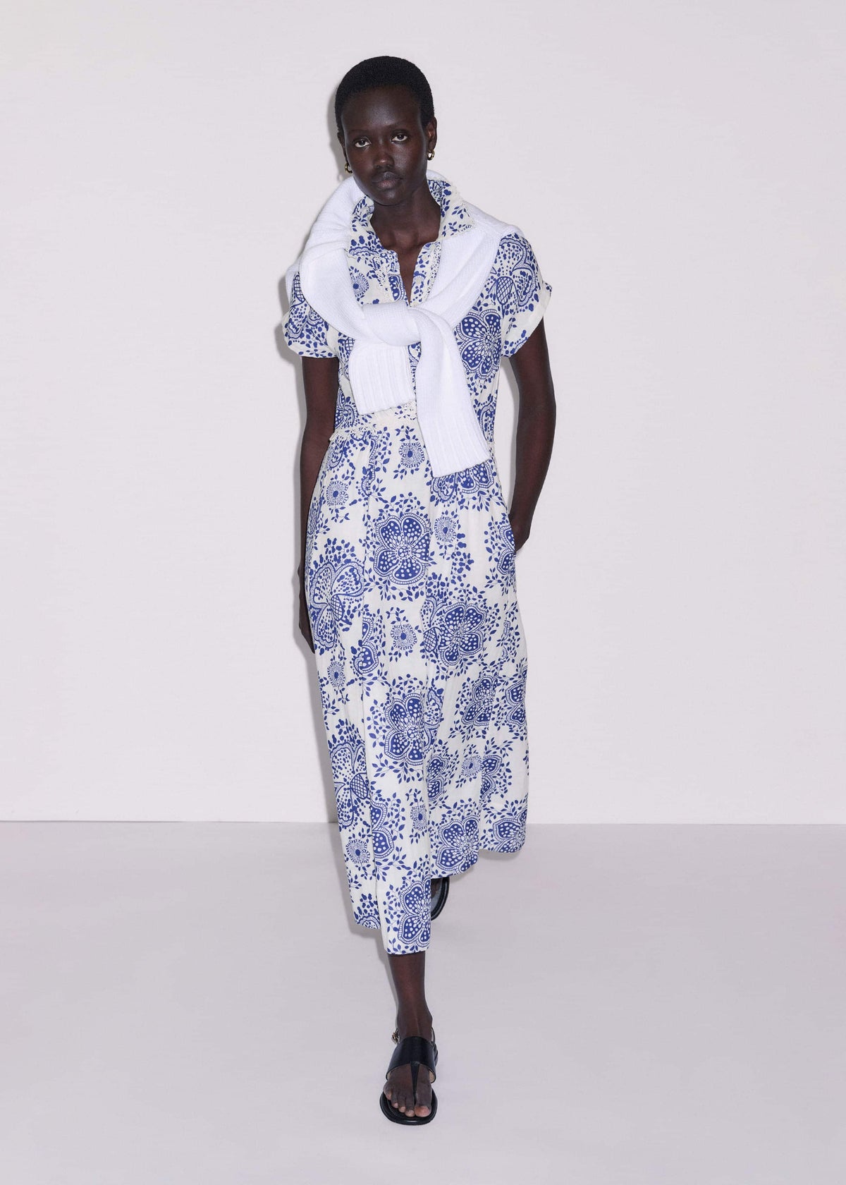 ME+EM Clothing White Cheesecloth Fit + Flare In-Full-Bloom Print Midi Dress