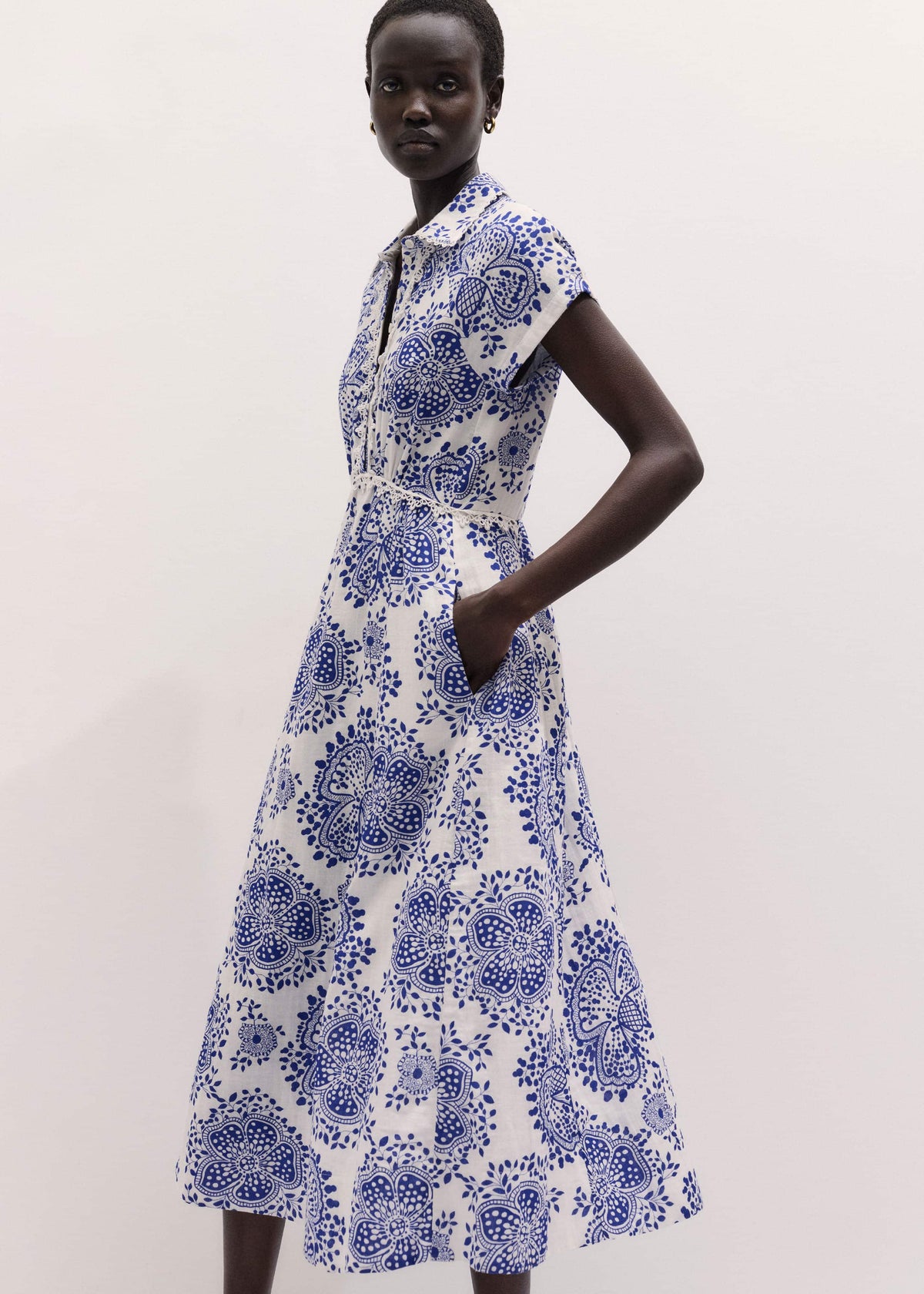ME+EM Clothing White Cheesecloth Fit + Flare In-Full-Bloom Print Midi Dress