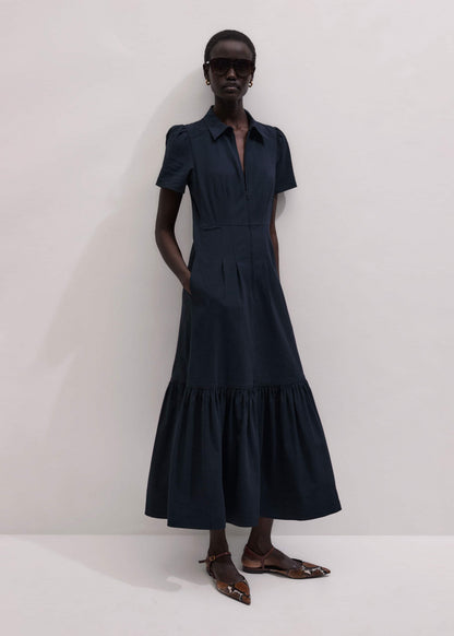 ME+EM Clothing Navy Cotton Seersucker Fit + Flare Midi Dress