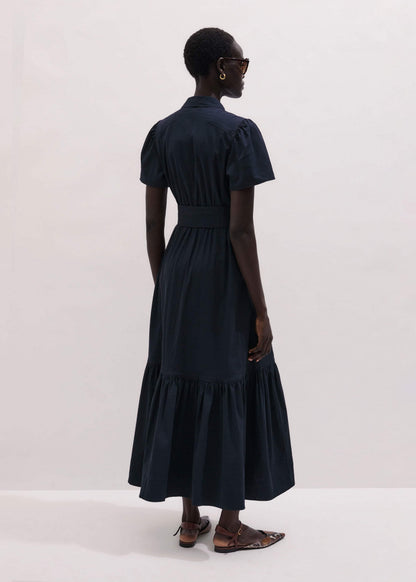 ME+EM Clothing Navy Cotton Seersucker Fit + Flare Midi Dress