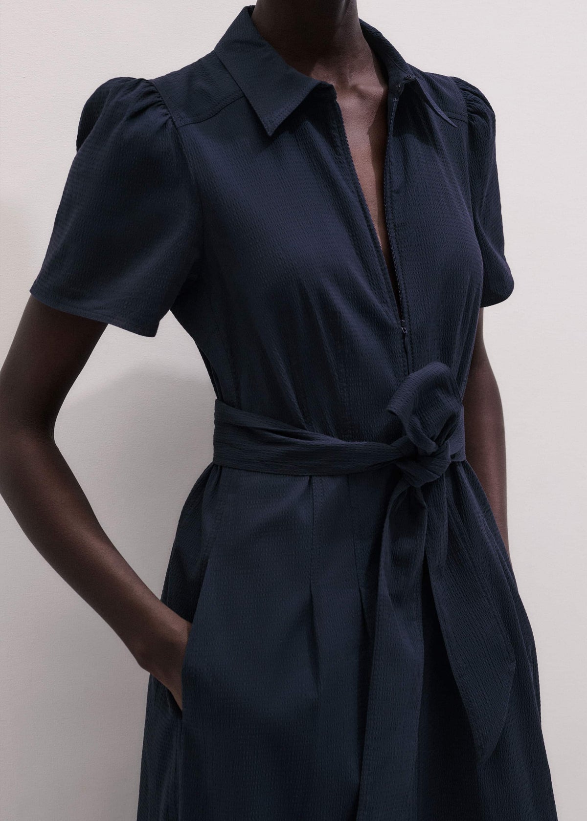 ME+EM Clothing Navy Cotton Seersucker Fit + Flare Midi Dress