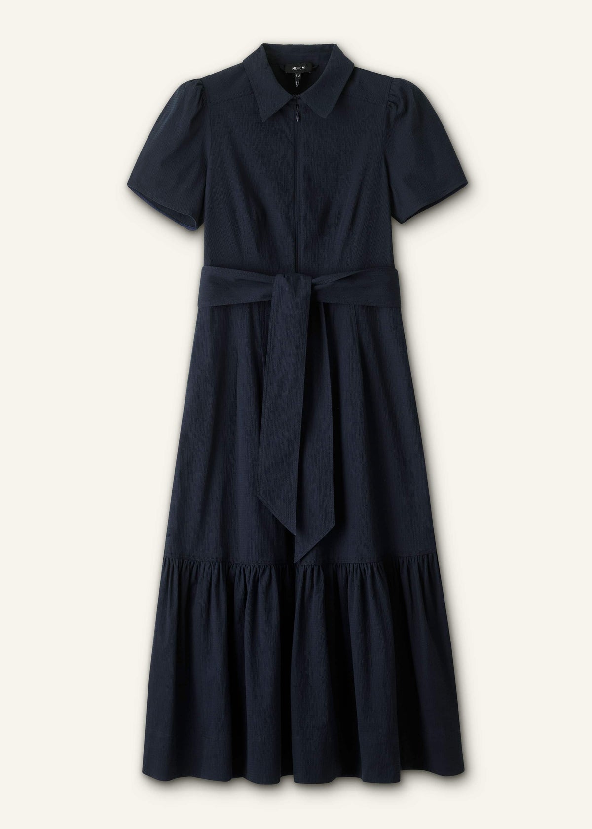 ME+EM Clothing Navy Cotton Seersucker Fit + Flare Midi Dress