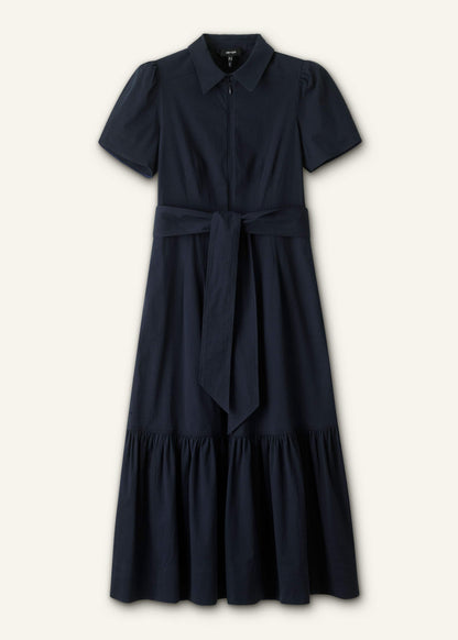 ME+EM Clothing Navy Cotton Seersucker Fit + Flare Midi Dress