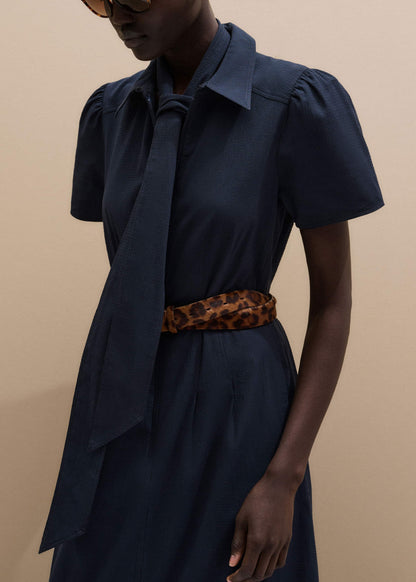 ME+EM Clothing Navy Cotton Seersucker Fit + Flare Midi Dress