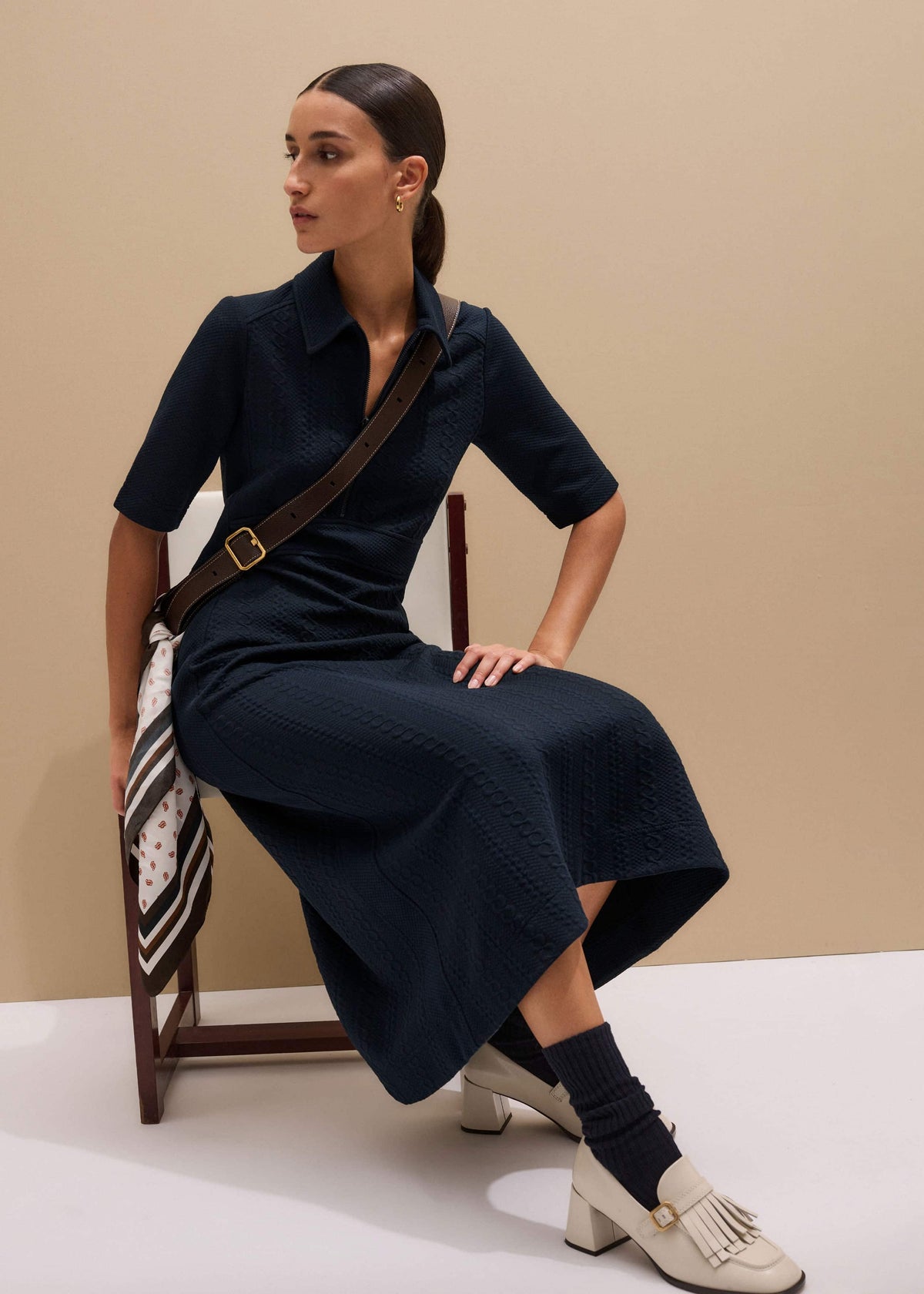 ME+EM Clothing Navy Cable Jacquard Half-Zip Midi Dress