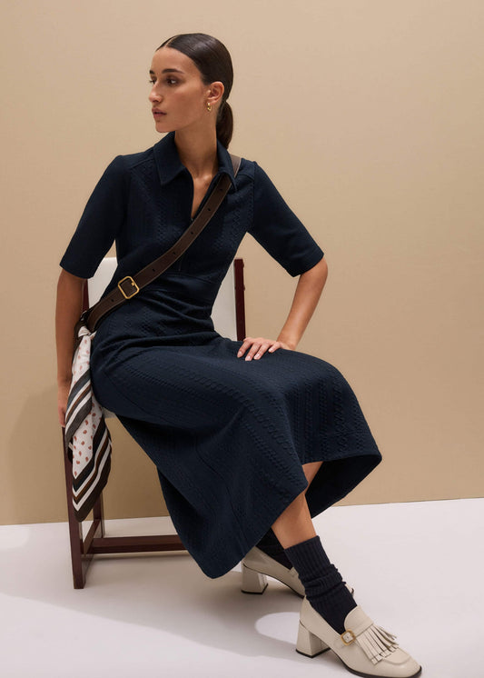 ME+EM Clothing Navy Cable Jacquard Half-Zip Midi Dress
