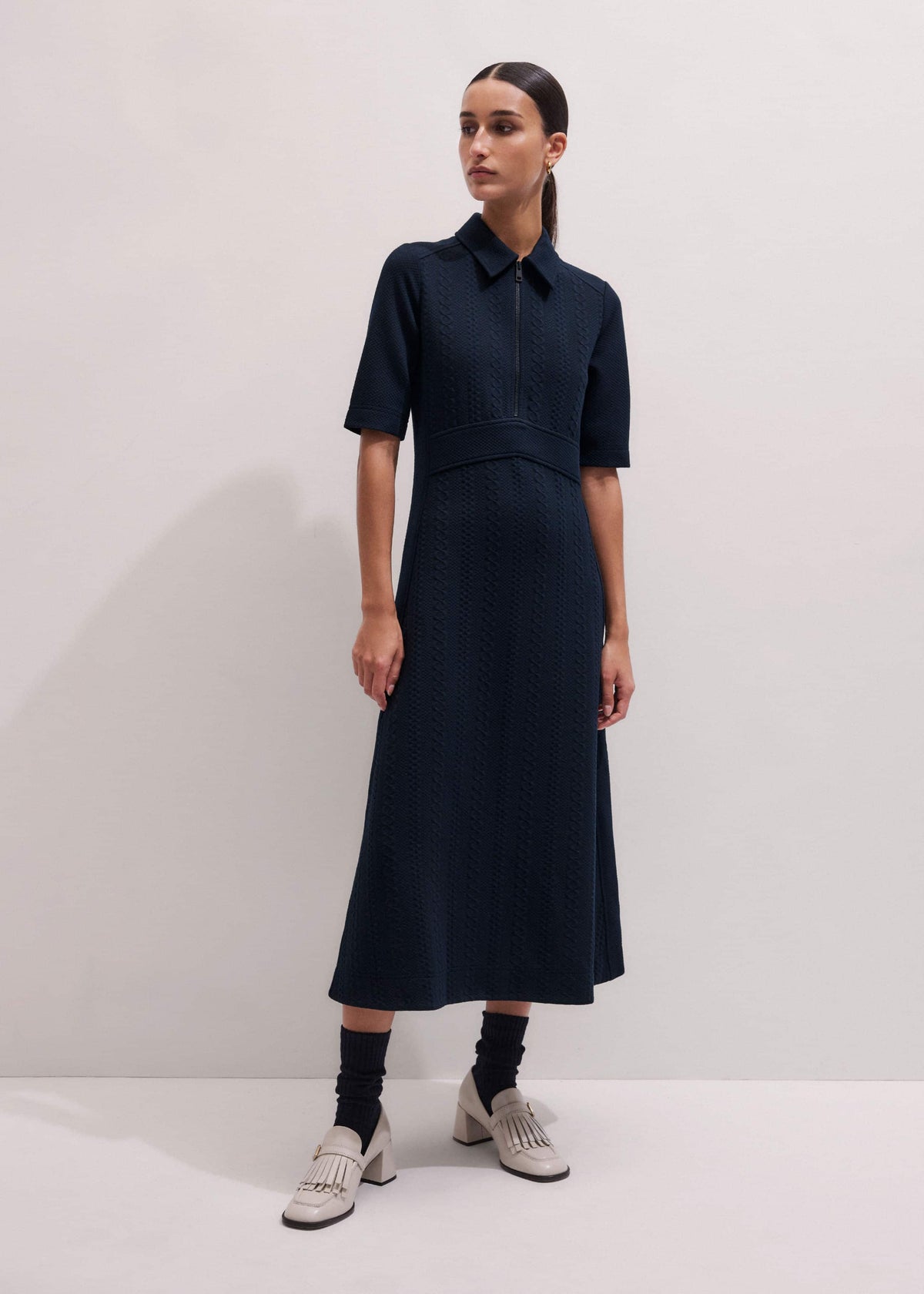 ME+EM Clothing Navy Cable Jacquard Half-Zip Midi Dress