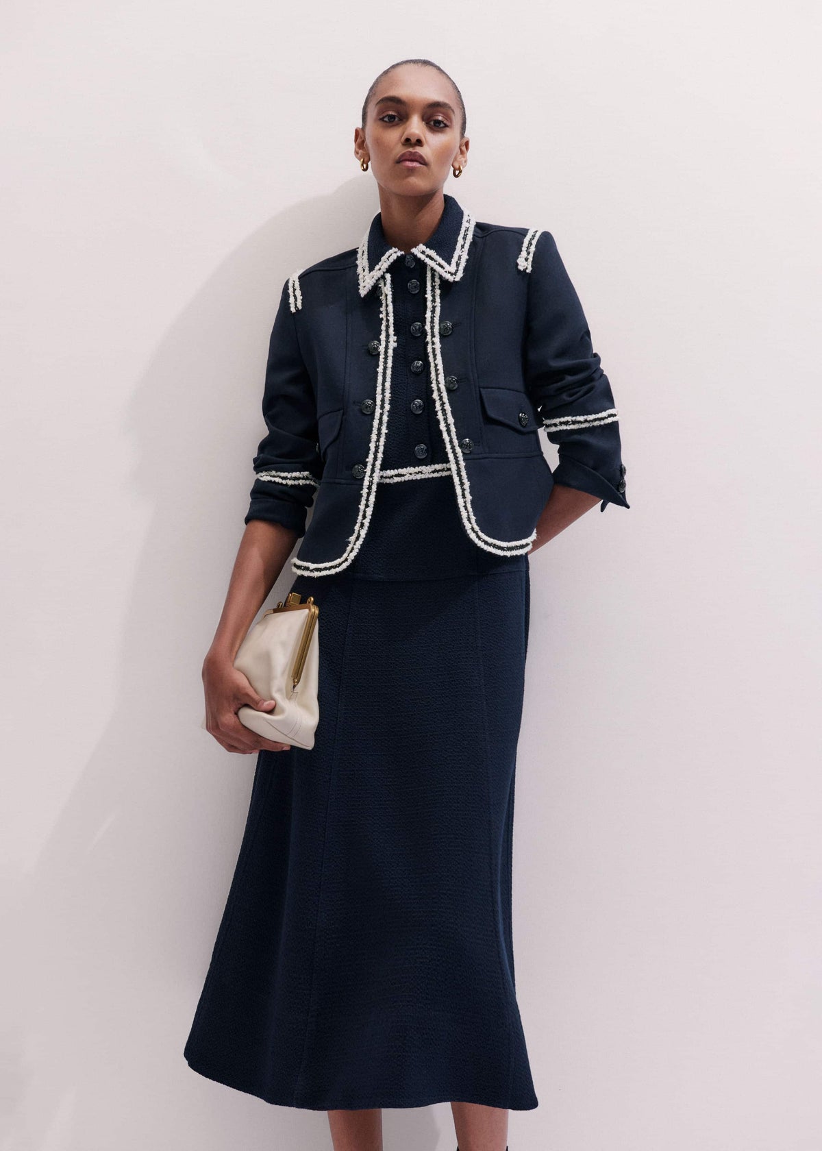 ME+EM Clothing Navy Fit + Flare Fray Trim Midi Dress