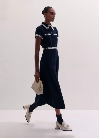 ME+EM Clothing Navy Fit + Flare Fray Trim Midi Dress