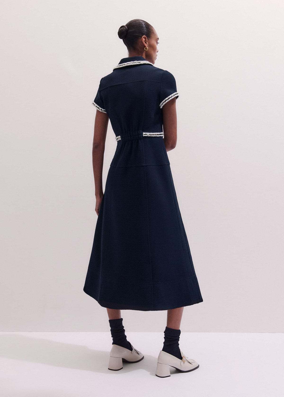 ME+EM Clothing Navy Fit + Flare Fray Trim Midi Dress