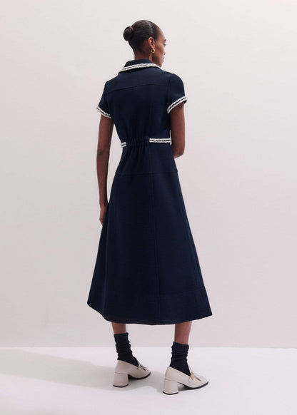 ME+EM Clothing Navy Fit + Flare Fray Trim Midi Dress