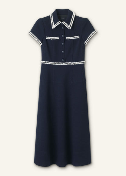 ME+EM Clothing Navy Fit + Flare Fray Trim Midi Dress
