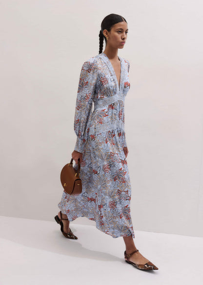ME+EM Clothing Blue Silk Delicate Paisley Print Fit + Flare Maxi Dress