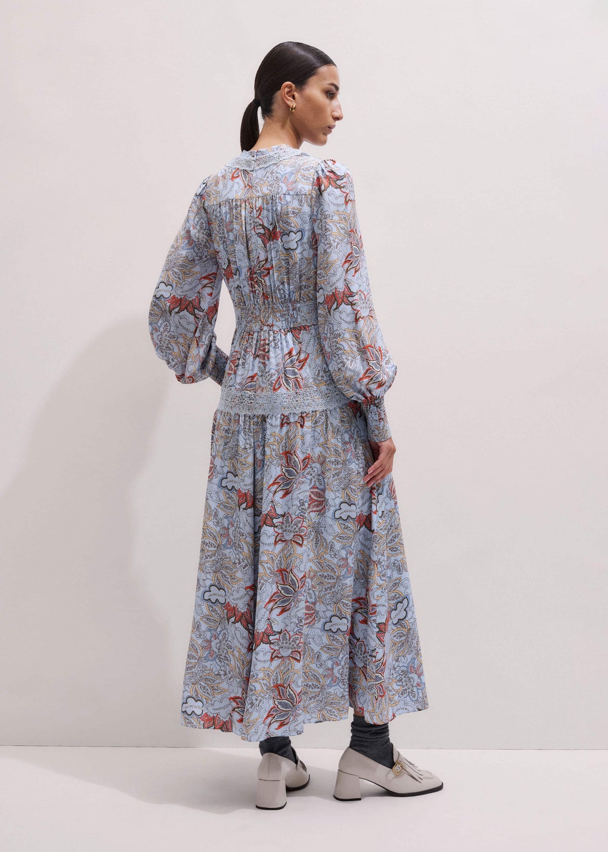ME+EM Clothing Blue Silk Delicate Paisley Print Fit + Flare Maxi Dress