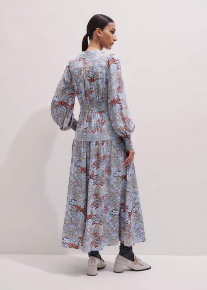 ME+EM Clothing Blue Silk Delicate Paisley Print Fit + Flare Maxi Dress