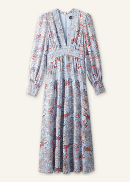 ME+EM Clothing Blue Silk Delicate Paisley Print Fit + Flare Maxi Dress