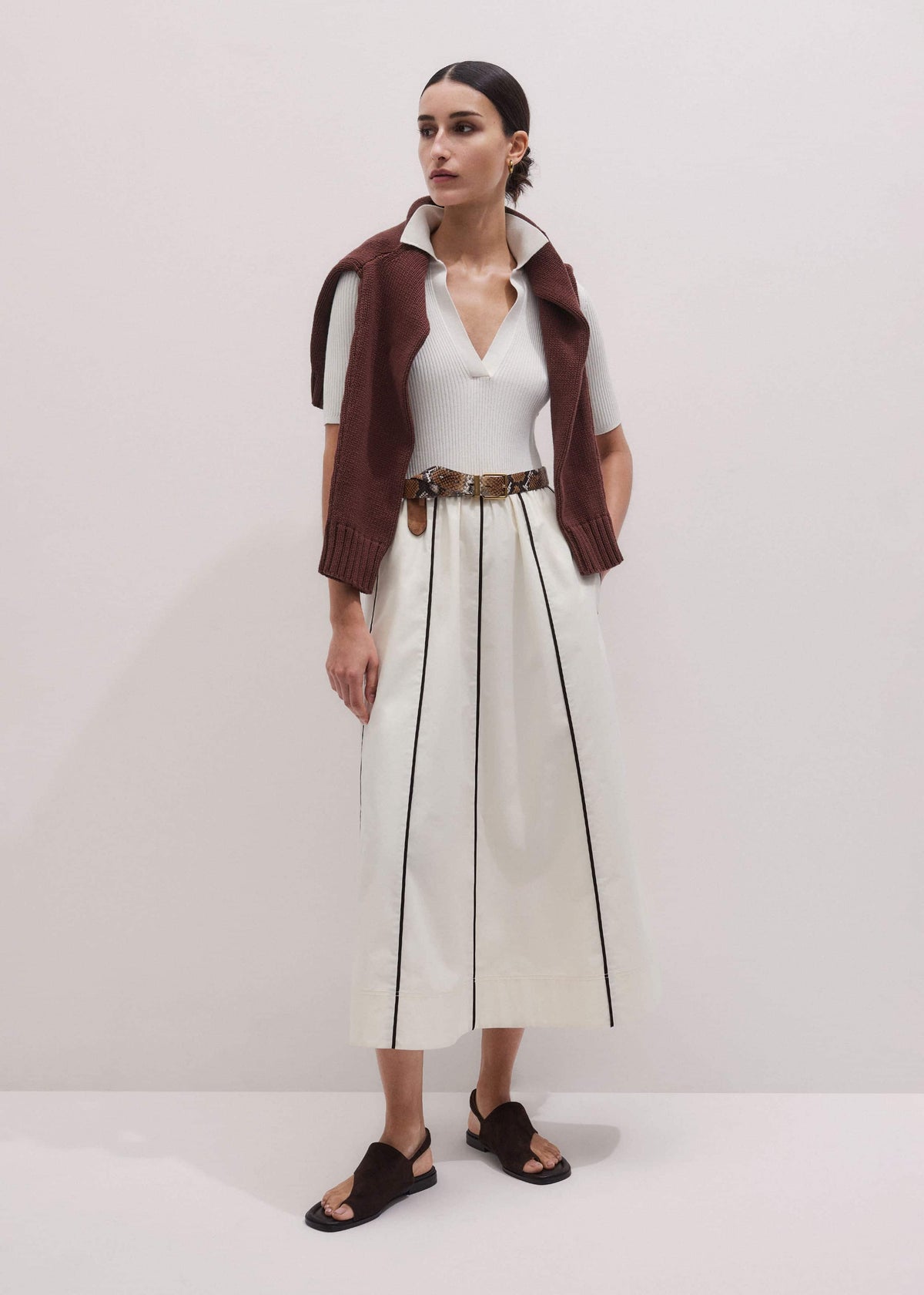 ME+EM Clothing Cream Mixed Media Fit And Flare Midi Dress + Belt