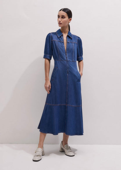 ME+EM Clothing Blue Fluid Fit + Flare Midi Dress + Belt