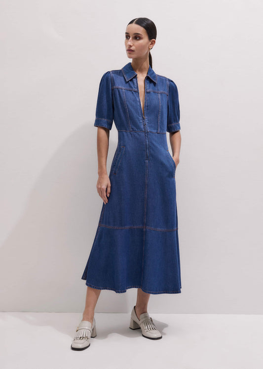 ME+EM Clothing Blue Fluid Fit + Flare Midi Dress + Belt