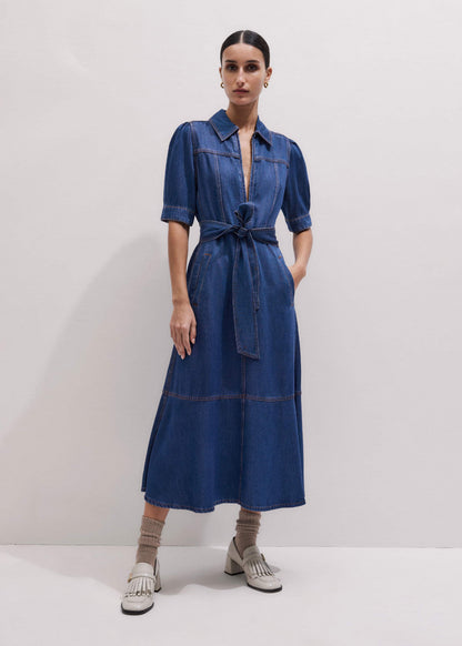 ME+EM Clothing Blue Fluid Fit + Flare Midi Dress + Belt