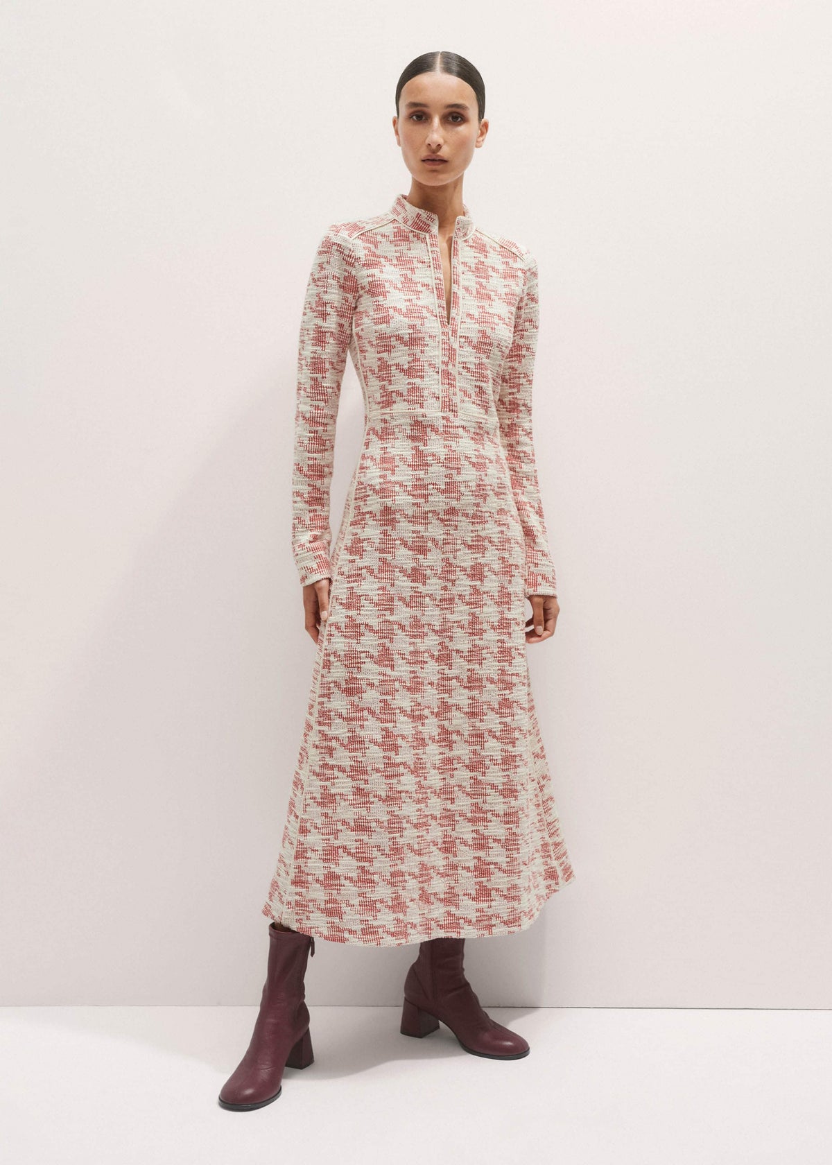 ME+EM Clothing Red Exaggerated Houndstooth Midi Dress