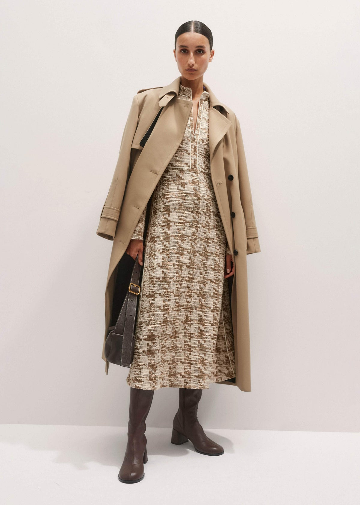 ME+EM Clothing Brown Exaggerated Houndstooth Midi Dress