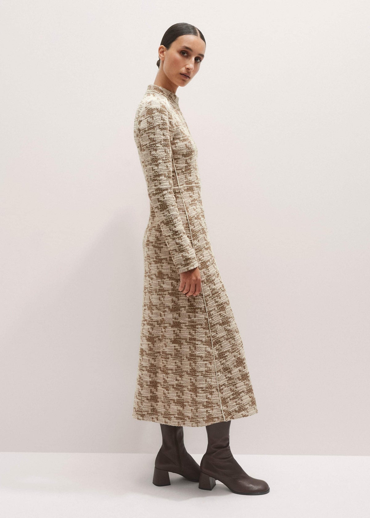 ME+EM Clothing Brown Exaggerated Houndstooth Midi Dress
